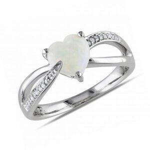 Genuine Opal Heart and Diamond Crossover Ring in Sterling Silver 1/20ctw
